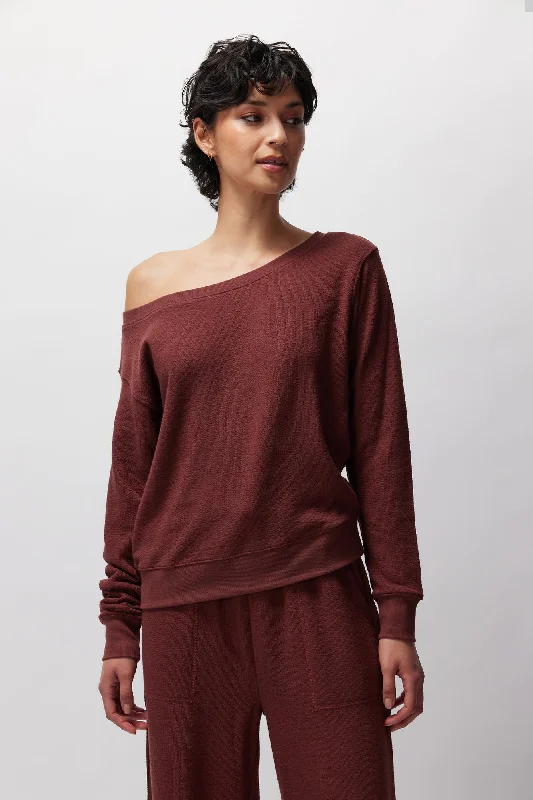 Spiritual Gangster Slub Rib Vida Off Shoulder Pullover - Washed Burgundy Batwing Sleeve Top Spiritual Gangster Slub Rib Vida Off Shoulder Pullover - Washed Burgundy Batwing Sleeve Top