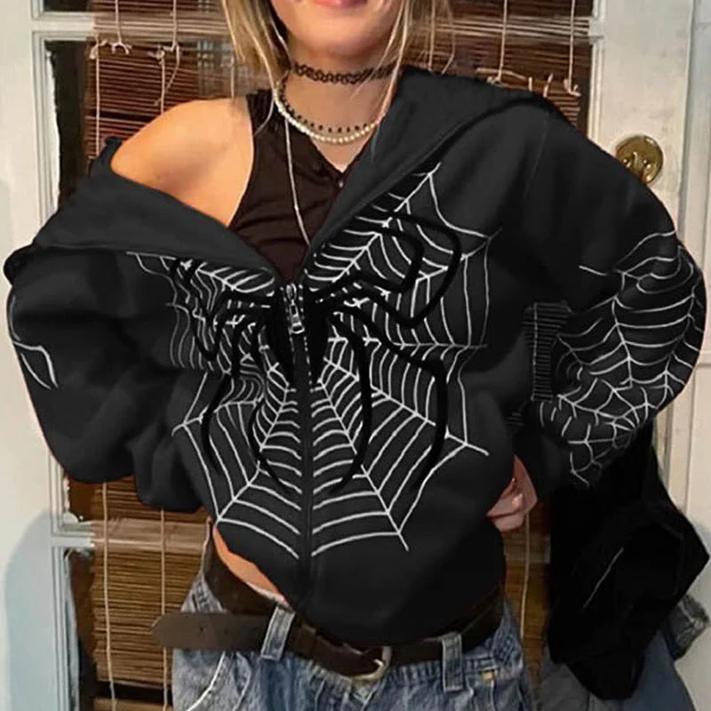 Hoodie Dark Spider Web Printed Goth Black Hoodie Sweatshirt Zipper Hoodie with V-Neck Classic Versatile