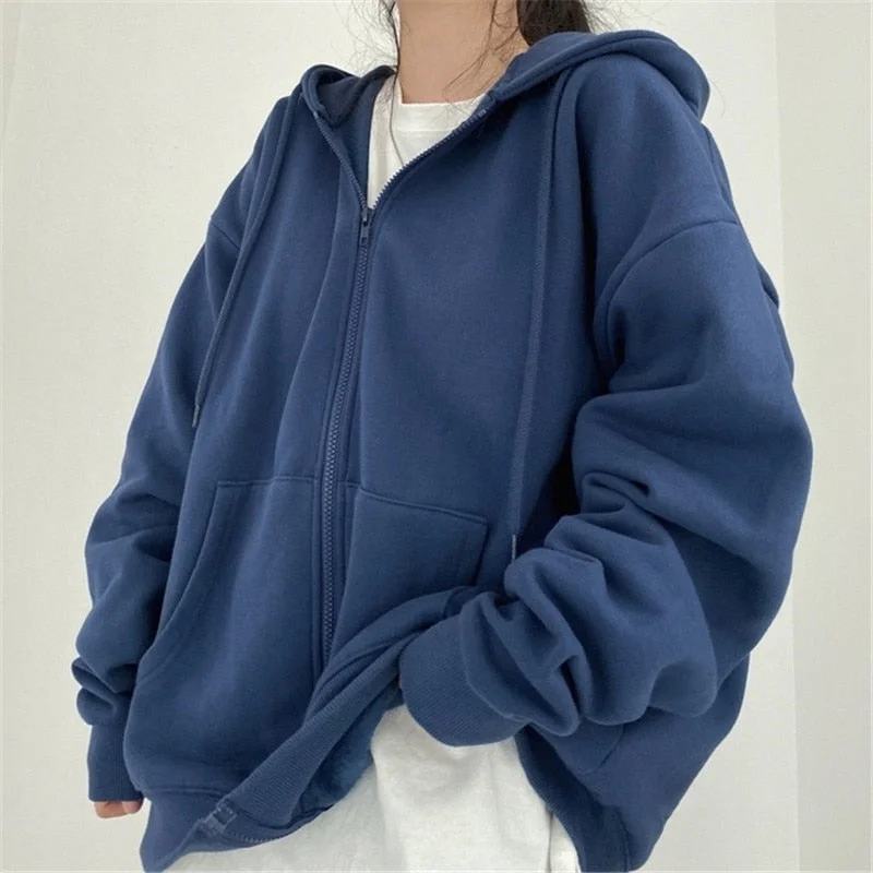 Women Hoodie Harajuku Korean Version Oversized Solid Color Zip Up Sweatshirt Female Casual Long Sleeve Pocket Hooded Coat Jacket Hoodie with Exposed Zipper Edgy Industrial