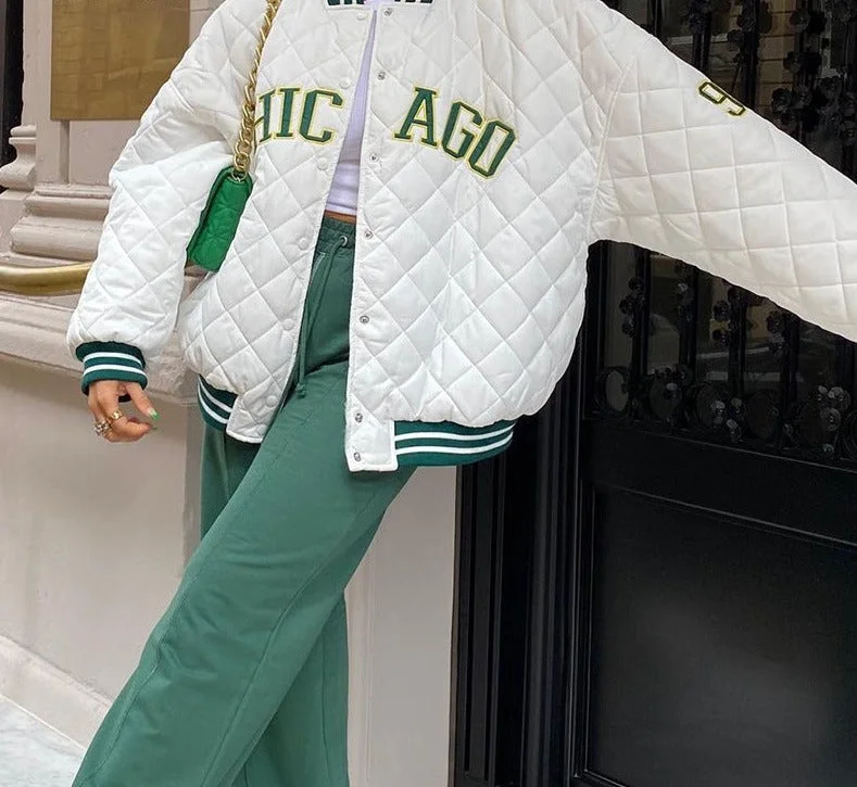Wjczt Y2k Green Print Fashion Baseball Bomber Coat 2022 Autumn Winter Oversized Patchwork Jacket Varsity Women Casual White Embroidered Jacket Appliqued Jacket Beaded Jacket Wjczt Y2k Green Print Fashion Baseball Bomber Coat 2022 Autumn Winter Oversized Patchwork Jacket Varsity Women Casual White Embroidered Jacket Appliqued Jacket Beaded Jacket