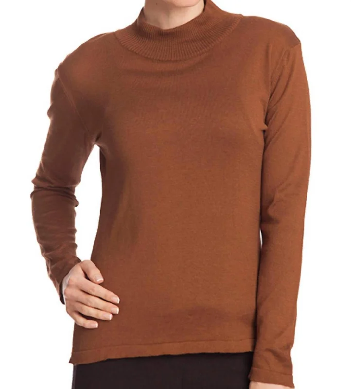 Long Sleeve Mock Neck Pullover In Mocha Bateau Neck Pullover
