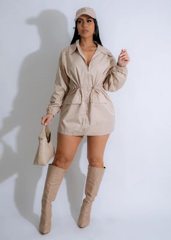 CAY1336P - DRAWSTRING WAIST TRACK JACKET DRESS Denim Jacket Leather Jacket Suede Jacket CAY1336P - DRAWSTRING WAIST TRACK JACKET DRESS Denim Jacket Leather Jacket Suede Jacket