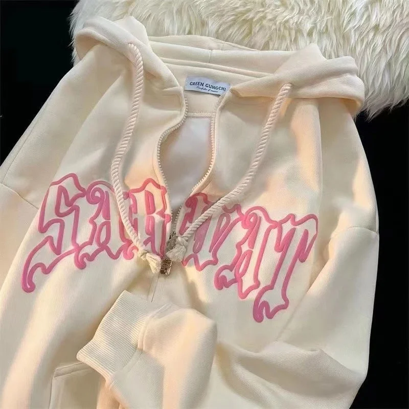 Goth Letter Printed Hoodie Women Harajuku Retro Long Sleeve Zip Up Hoodie with Drawstring Waist Adjustable Fitted Goth Letter Printed Hoodie Women Harajuku Retro Long Sleeve Zip Up Hoodie with Drawstring Waist Adjustable Fitted