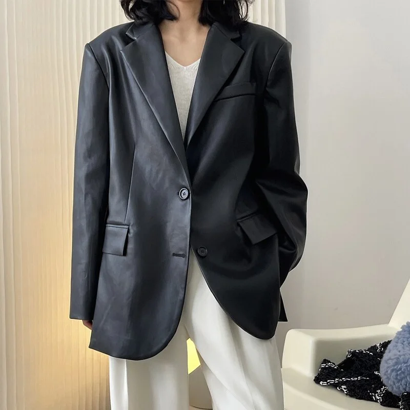 Wjczt Autumn and winter women's casual solid color single-breasted pocket decoration loose PU jacket Front Pockets Side Pockets Patch Pockets Wjczt Autumn and winter women's casual solid color single-breasted pocket decoration loose PU jacket Front Pockets Side Pockets Patch Pockets