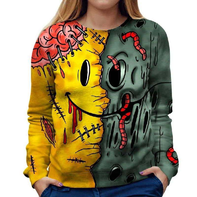 Emoji Zombie Womens Sweatshirt Hoodie with Exposed Zipper Edgy Industrial