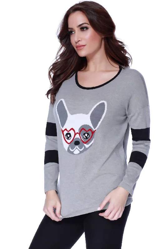 Frenchie Love Pullover In Gray Multi Lantern Sleeve Elegant