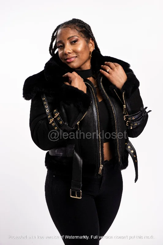 Women's Real Sheepskin Bomber Jacket [Black] Welt Pockets Slit Pockets Flap Pockets