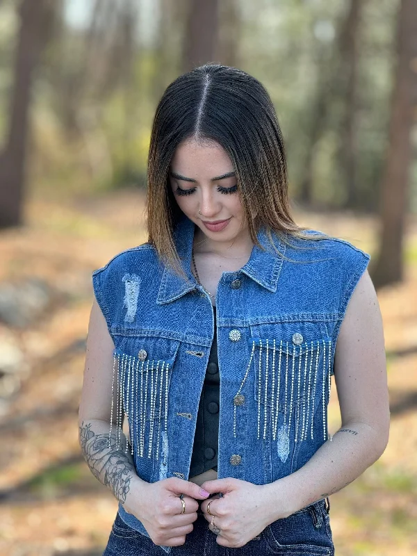 LUCKY & BLESSED JEAN JACKET SPARKLE FRINGE Notch Collar Jacket Peter Pan Collar Jacket Cowl Neck Jacket LUCKY & BLESSED JEAN JACKET SPARKLE FRINGE Notch Collar Jacket Peter Pan Collar Jacket Cowl Neck Jacket