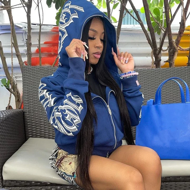Letter Printed Zip Up Hoodies Women Grunge Punk Hooded Jackets Coats Y2k Oversized Retro Streetwear Sweatshirts Hoodie with Hem Fringe Bohemian Relaxed