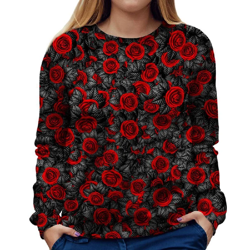 Red Rose Womens Sweatshirt Hoodie with Hem Embroidery Detailed Premium