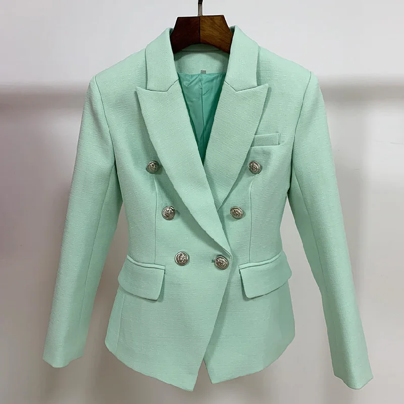 Wjczt HIGH STREET 2022 Classic Baroque Designer Blazer Jacket Women's Metal Lion Buttons Double Breasted Textured Blazer Mint Green Welt Pockets Slit Pockets Flap Pockets Wjczt HIGH STREET 2022 Classic Baroque Designer Blazer Jacket Women's Metal Lion Buttons Double Breasted Textured Blazer Mint Green Welt Pockets Slit Pockets Flap Pockets