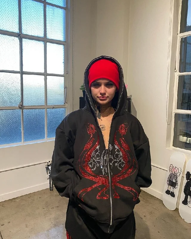 Y2k Retro Print Zip Up Sweatshirt Harajuku Oversized Streetwear Goth Hoodie with Cropped Fit Short Trendy