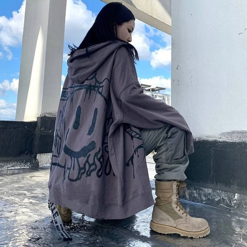 Emo Gothic Hoodie Women Korean Anime Print Long Sleeve Zip Up Hoodie with Pocket Utility Practical
