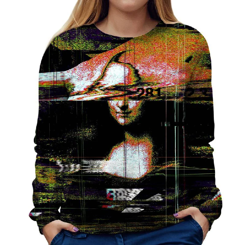 Mona Lisa Colored Glitch Womens Sweatshirt Hoodie with Frayed Bohemian Relaxed