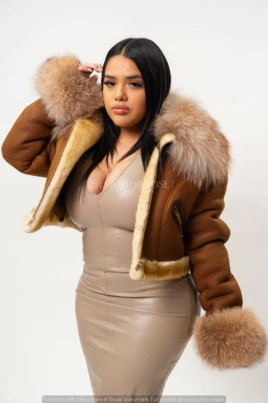 Women's Aurora Crop Sheepskin Jacket With Fox Print Jacket Jacquard Jacket Patchwork Jacket Women's Aurora Crop Sheepskin Jacket With Fox Print Jacket Jacquard Jacket Patchwork Jacket