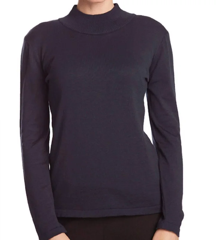 Long Sleeve Mock Neck Pullover In Navy Bardot Neck Top