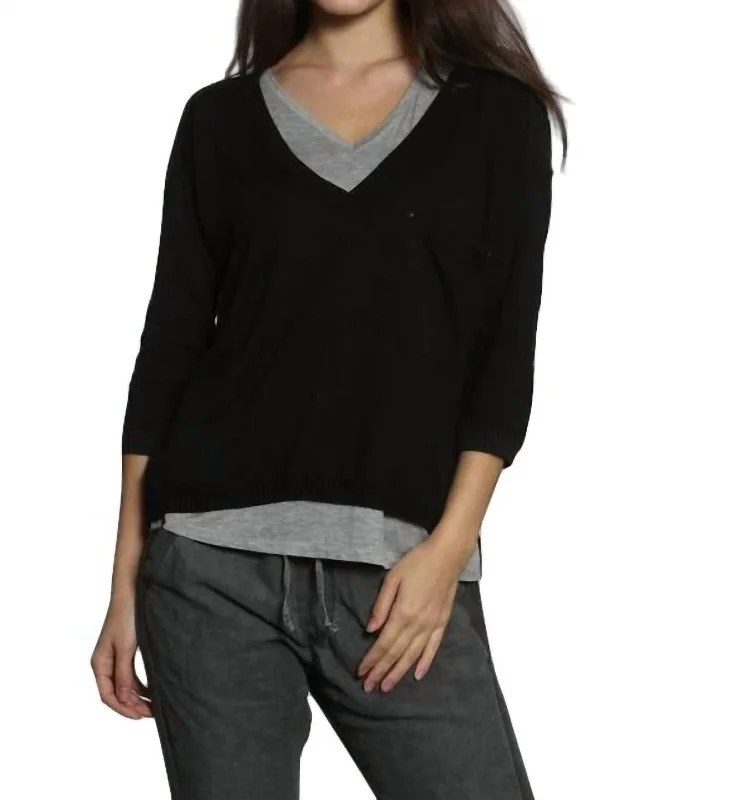 Rib Back V Neck Pullover In Black/charcoal Elbow Length Sleeve