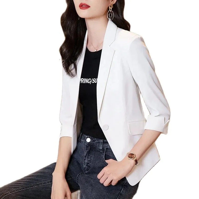 Wjczt Solid color Thin blazer Women 2022 New Three-Quarter Sleeve Spring And Summer Slim Short Suit Jacket One Buckle Blousers White Nylon Fabric Polyester Fabric Spandex Fabric Wjczt Solid color Thin blazer Women 2022 New Three-Quarter Sleeve Spring And Summer Slim Short Suit Jacket One Buckle Blousers White Nylon Fabric Polyester Fabric Spandex Fabric