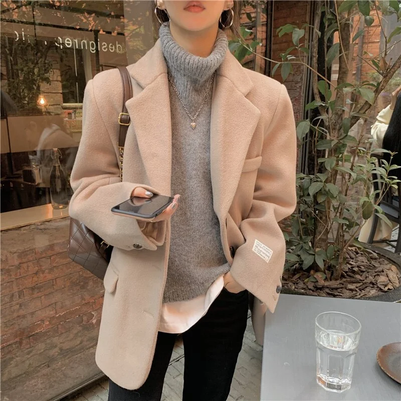 Wjczt Autumn Warm Wool Tailored Coats Women Loose Apricot Solid Suit Jackets Patchwork Long Sleeves Outwear Korean Fashion New Faux Fur Fabric Real Fur Fabric Shearling Fabric Wjczt Autumn Warm Wool Tailored Coats Women Loose Apricot Solid Suit Jackets Patchwork Long Sleeves Outwear Korean Fashion New Faux Fur Fabric Real Fur Fabric Shearling Fabric