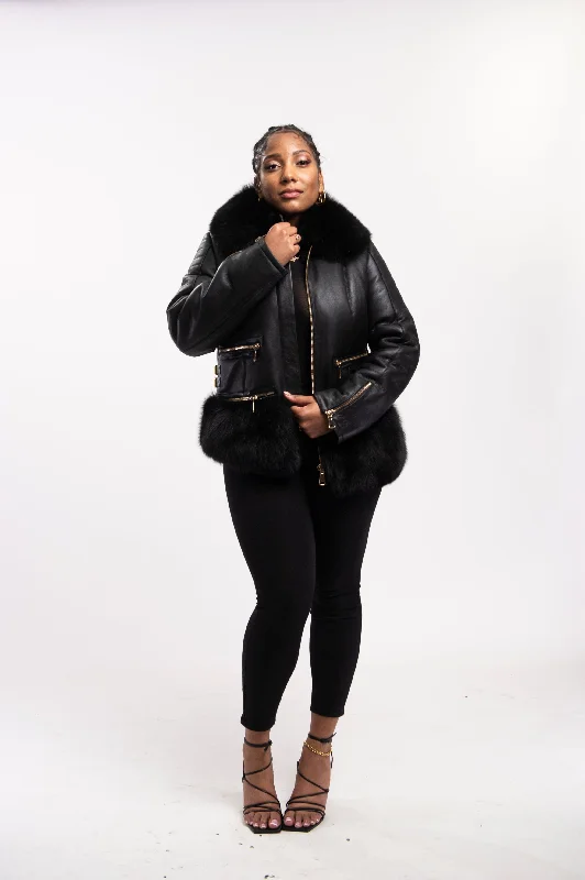 Women's Sophia Real Sheepskin Jacket With Fox Front Pockets Side Pockets Patch Pockets Women's Sophia Real Sheepskin Jacket With Fox Front Pockets Side Pockets Patch Pockets