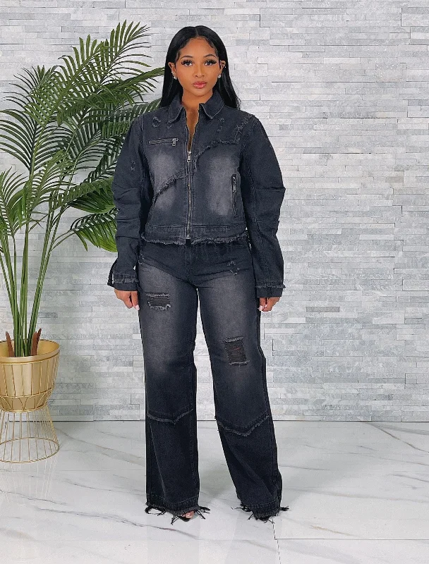 9469+9468P - DENIM DISTRESSED JACKET&FRAYED PANTS SET Bomber Jacket Anorak Windbreaker 9469+9468P - DENIM DISTRESSED JACKET&FRAYED PANTS SET Bomber Jacket Anorak Windbreaker