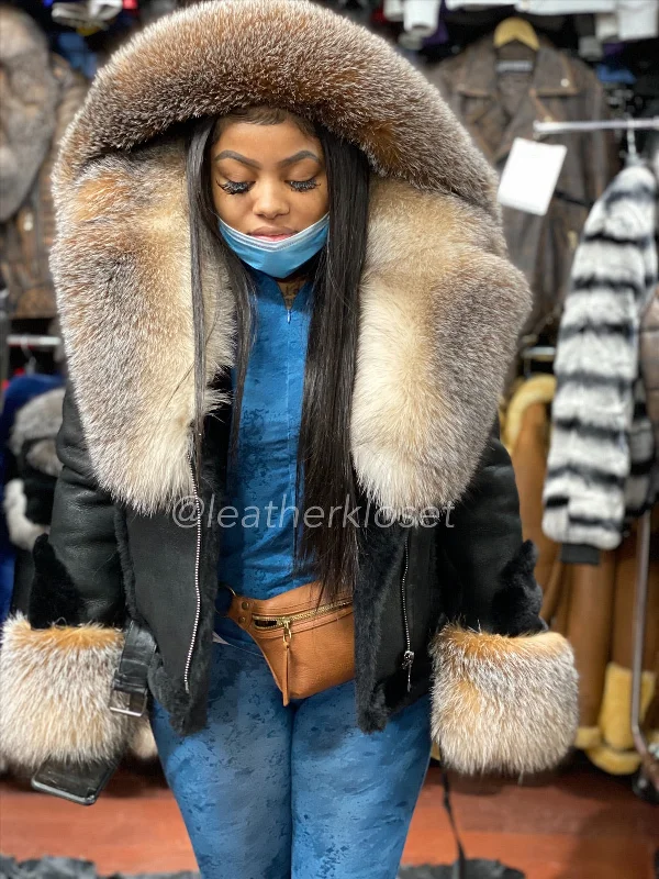 Women's Sheepskin Biker Jacket With Full Fox Wool Jacket Cashmere Jacket Tweed Jacket Women's Sheepskin Biker Jacket With Full Fox Wool Jacket Cashmere Jacket Tweed Jacket