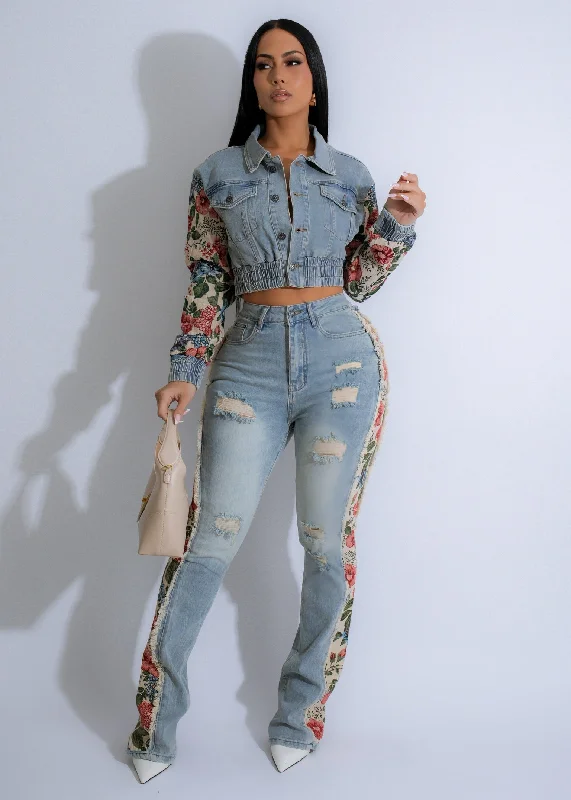 YK8051+8057P - TAPESTRY DENIM CROP JACKET & JEANS SET Insulated Jacket Fitted Jacket Loose Jacket YK8051+8057P - TAPESTRY DENIM CROP JACKET & JEANS SET Insulated Jacket Fitted Jacket Loose Jacket