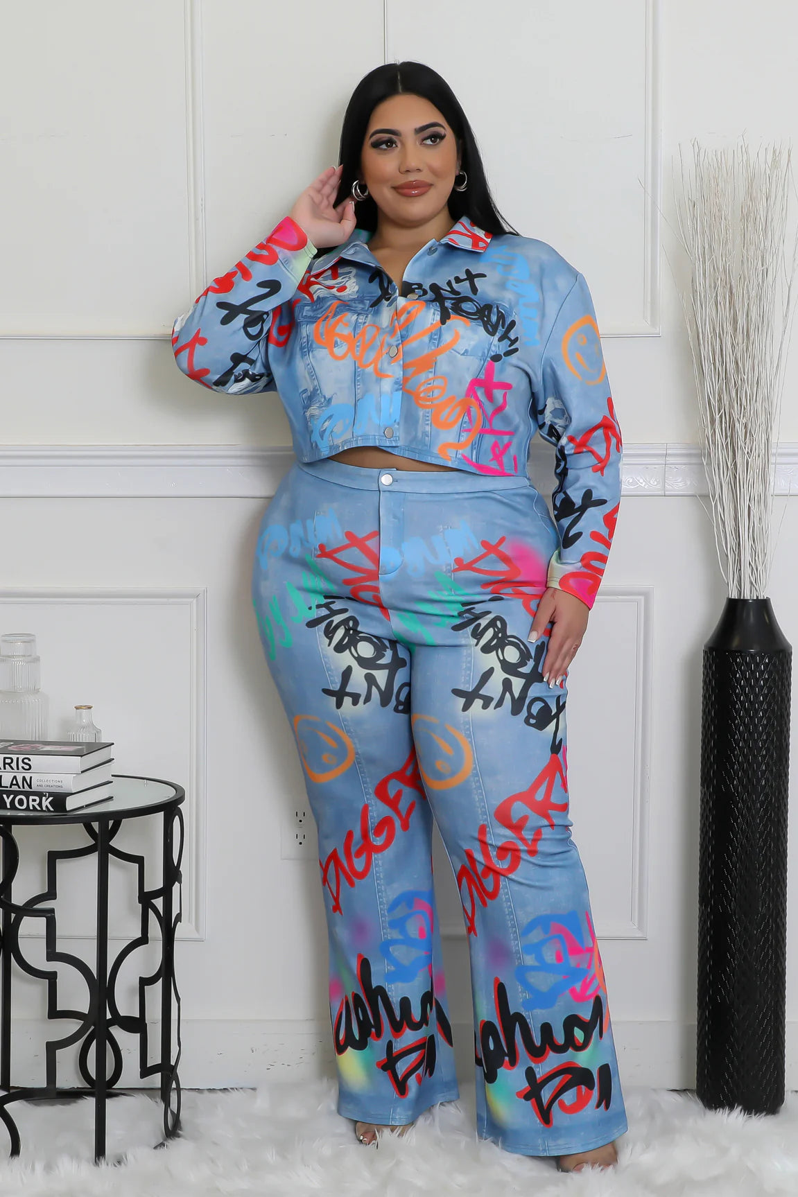 28265XP - GRAFFIT DENIM JACKET&PANTS SET (PLUS) Cardigan Sweater Pullover