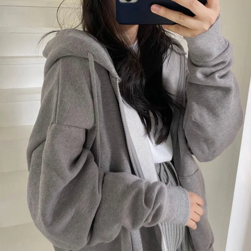 Harajuku Korean Version Hooded Sweatshirts Women Winter Solid Zip Up Loose Jacket Coats Vintage Long Sleeve Oversized Hoodies Hoodie with V-Neck Classic Versatile