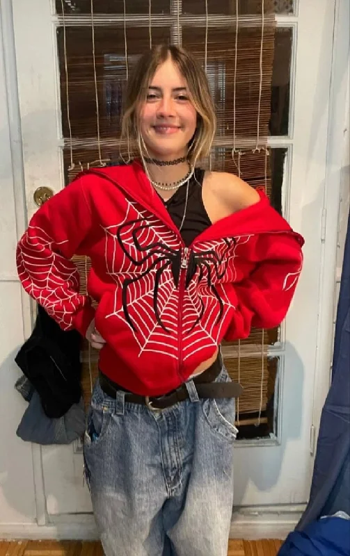 Spider Web Red Hoodie Sweatshirt Zipper Warm Harajuku Punk Grunge Y2k Hoodie with Button Placket Classic Preppy