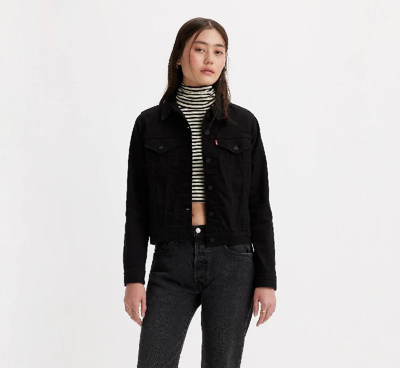 LEVI'S ORIGINAL BLACK TRUCKER JACKET LADIES Front Pockets Side Pockets Patch Pockets LEVI'S ORIGINAL BLACK TRUCKER JACKET LADIES Front Pockets Side Pockets Patch Pockets