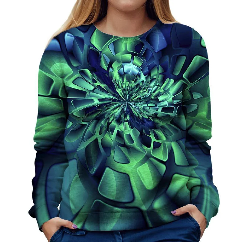 Green Fractal Womens Sweatshirt Hoodie with Hem Frayed Vintage Worn