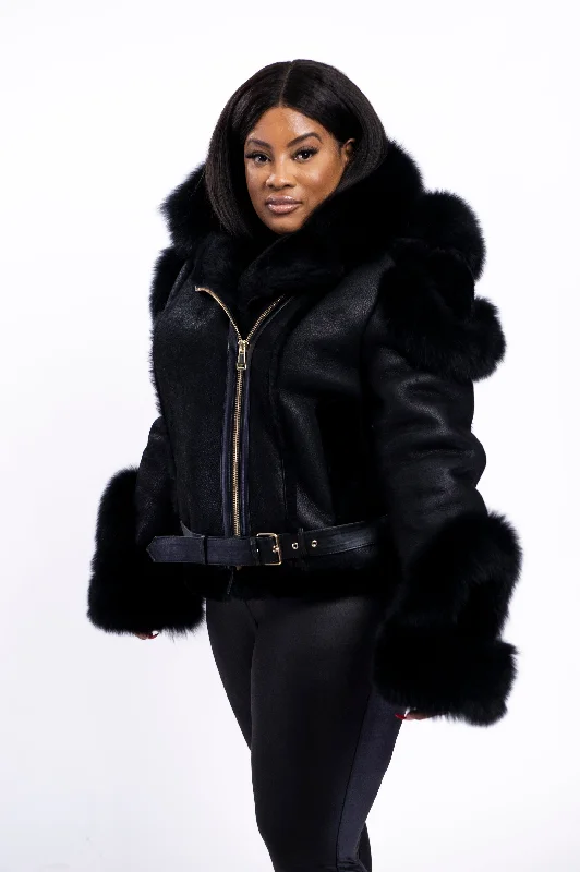 Women's Angela Real Sheepskin Biker Jacket With Fox Denim Jacket Leather Jacket Suede Jacket Women's Angela Real Sheepskin Biker Jacket With Fox Denim Jacket Leather Jacket Suede Jacket