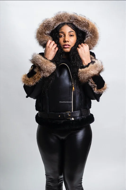 Women's Angela Real Sheepskin Biker Jacket With Fox A-Line Jacket Boat Neck Shawl Collar Women's Angela Real Sheepskin Biker Jacket With Fox A-Line Jacket Boat Neck Shawl Collar