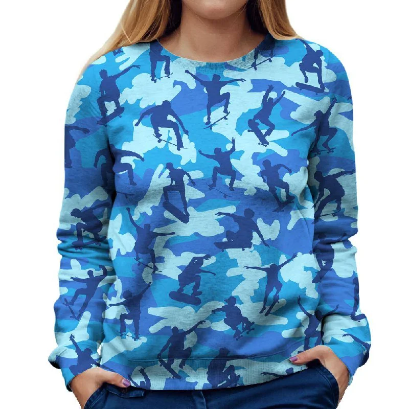 Skater Camo Blue Womens Sweatshirt Hoodie with Drop Shoulder Relaxed Streetwear