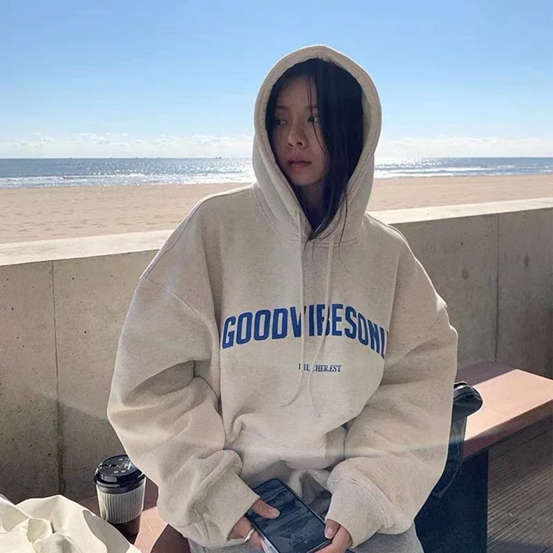 Women Letter Print Hoodies Autumn Loose Hooded Shirt Grunge Street Hoodie with Hem Applique Textured Unique Women Letter Print Hoodies Autumn Loose Hooded Shirt Grunge Street Hoodie with Hem Applique Textured Unique