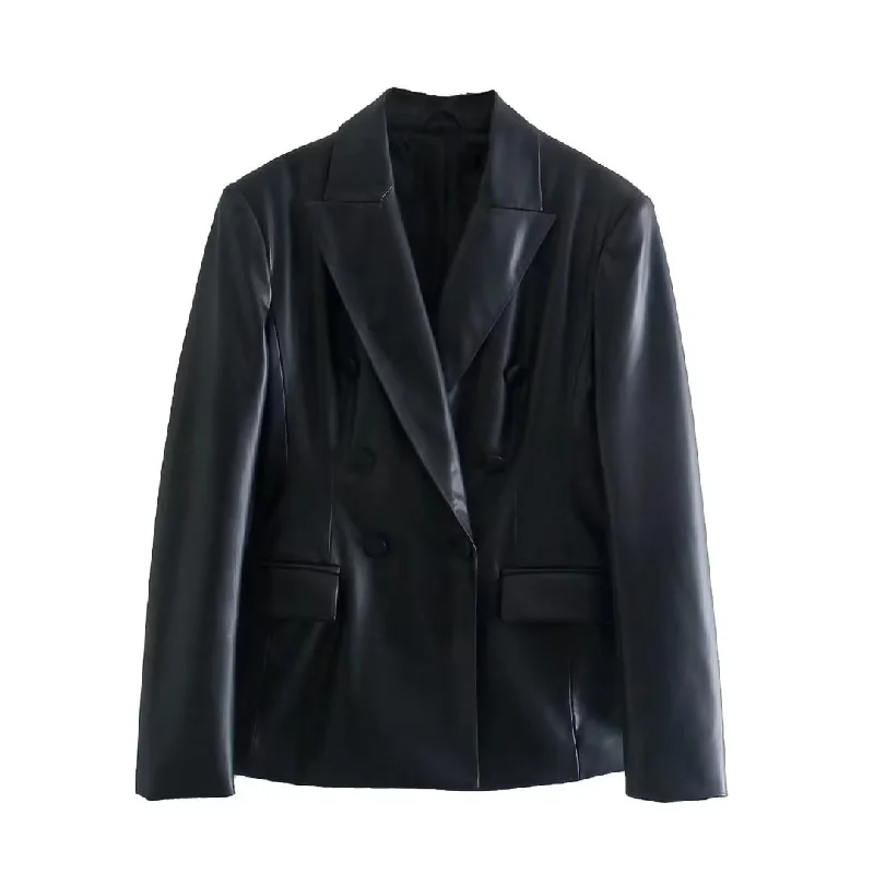 Wjczt 2022 Women Fashion Faux Leather Black Slim Blazer Long Sleeves Double Breasted Vintage Chic Lady Suit PU Jacket Veste Femme Anorak Shell Jacket Lightweight Jacket Wjczt 2022 Women Fashion Faux Leather Black Slim Blazer Long Sleeves Double Breasted Vintage Chic Lady Suit PU Jacket Veste Femme Anorak Shell Jacket Lightweight Jacket
