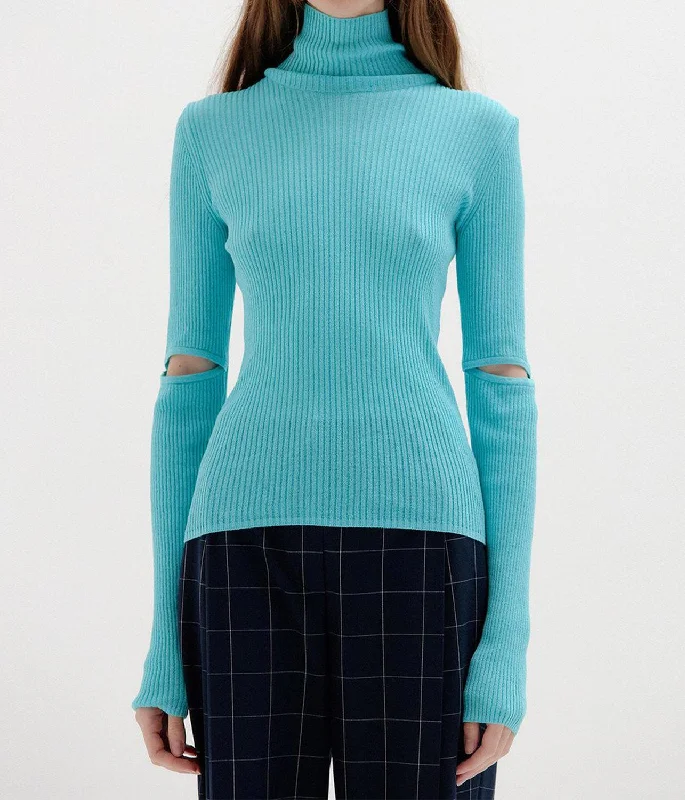 Solly Ribbed Knit Pullover In Sky Blue Slit Sleeve Stylish