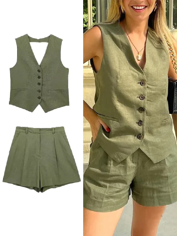 Wjczt Women Solid Vest Blazer Sets Summer V-neck  Single Breasted Jacket A-Line Zipper Short Trouser Causal Basic Suits Zip Front Button Front Snap Front