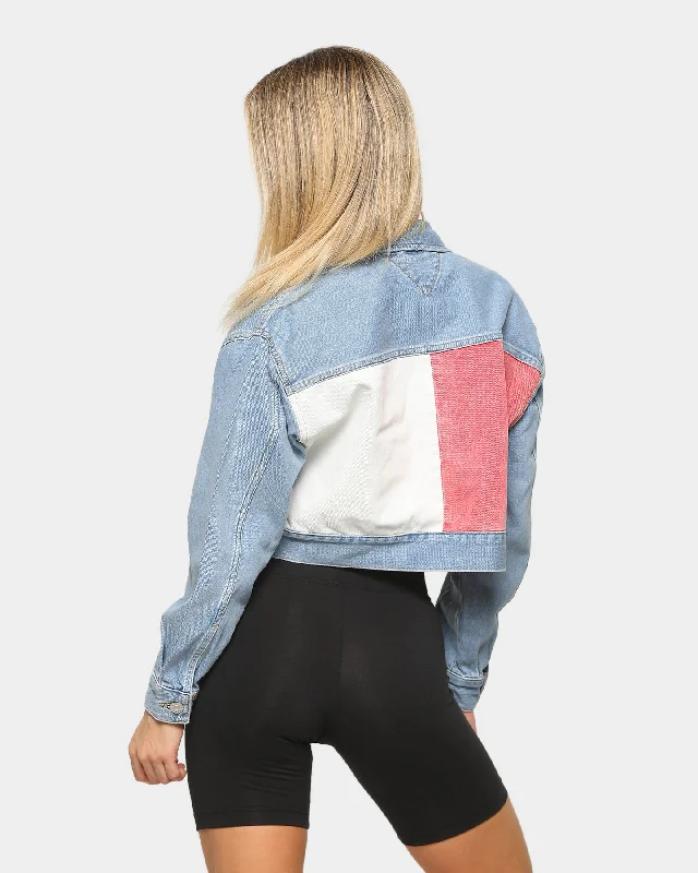 Tommy Jeans Women's Cropped Trucker Tommy Flag Jacket LightBlue Appliqued Jacket Beaded Jacket Sequined Jacket Tommy Jeans Women's Cropped Trucker Tommy Flag Jacket LightBlue Appliqued Jacket Beaded Jacket Sequined Jacket