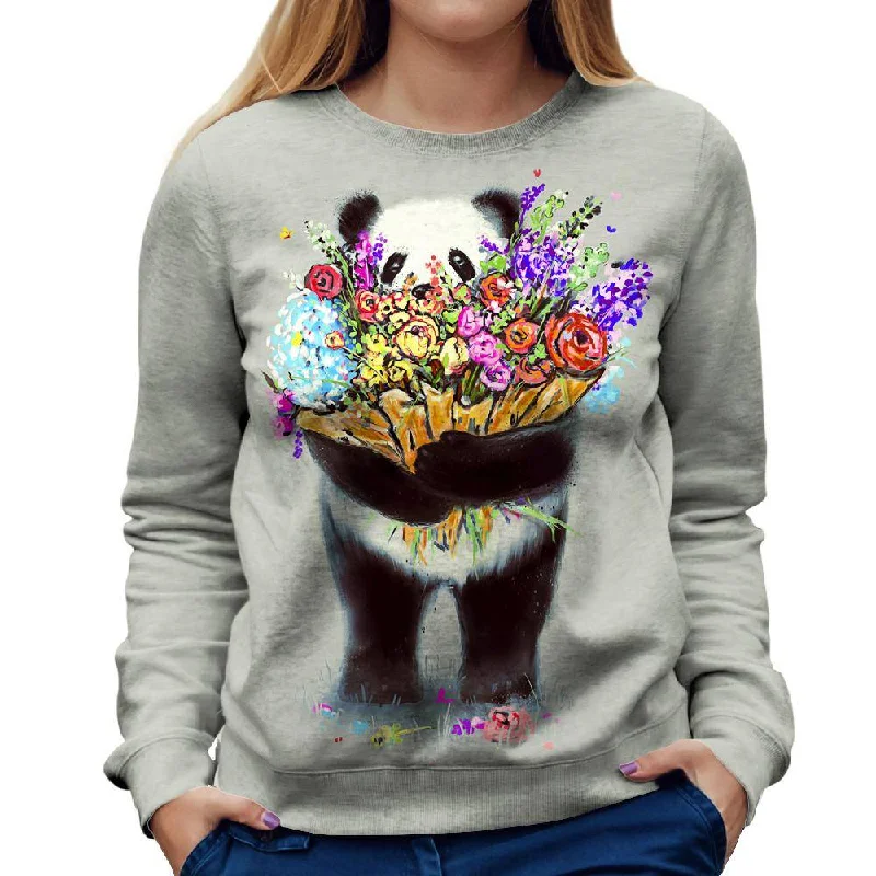 Pandas Got Flowers For You Womens Sweatshirt Hoodie with Raw Hem Edgy Unfinished