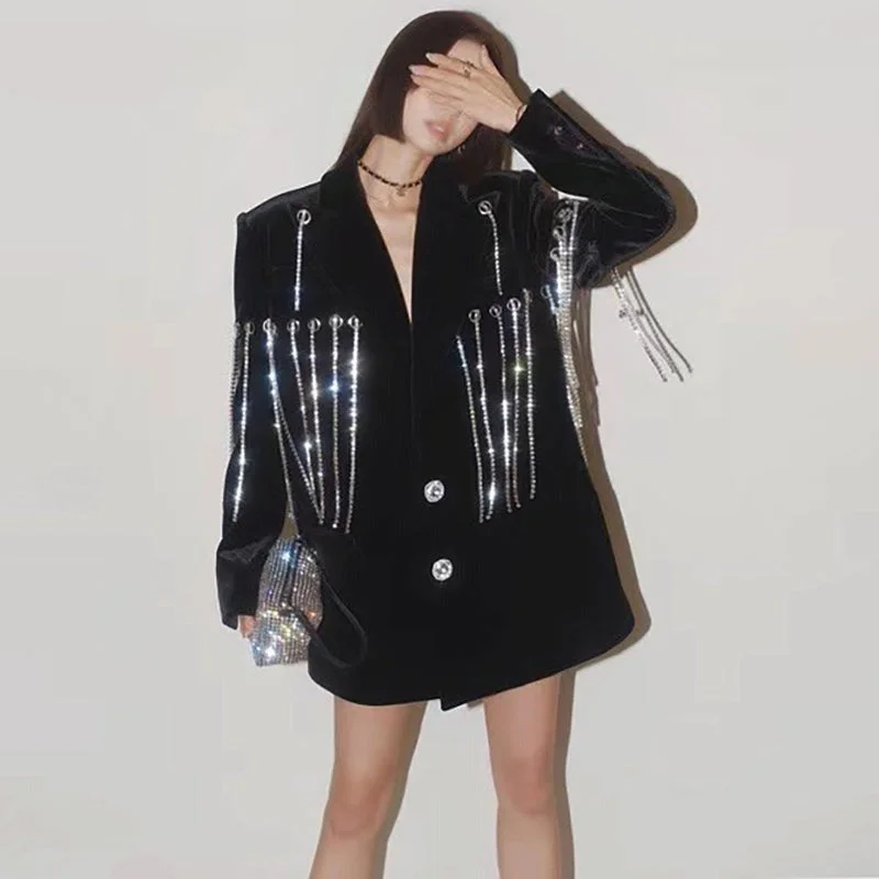 Wjczt Black Casual Patchwork Diamonds Tassel Female Blazer Notched Long Sleeve Korean Fashion Loose Women's Jacket 2022 Autumn New Tiered Jacket Buttoned Jacket Zippered Jacket Wjczt Black Casual Patchwork Diamonds Tassel Female Blazer Notched Long Sleeve Korean Fashion Loose Women's Jacket 2022 Autumn New Tiered Jacket Buttoned Jacket Zippered Jacket