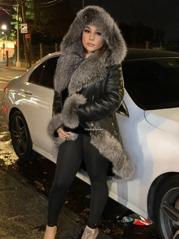 Women's Amber Shearling Sheepskin Jacket With Fox [Black/Silver Fox] Denim Fabric Leather Fabric Suede Fabric
