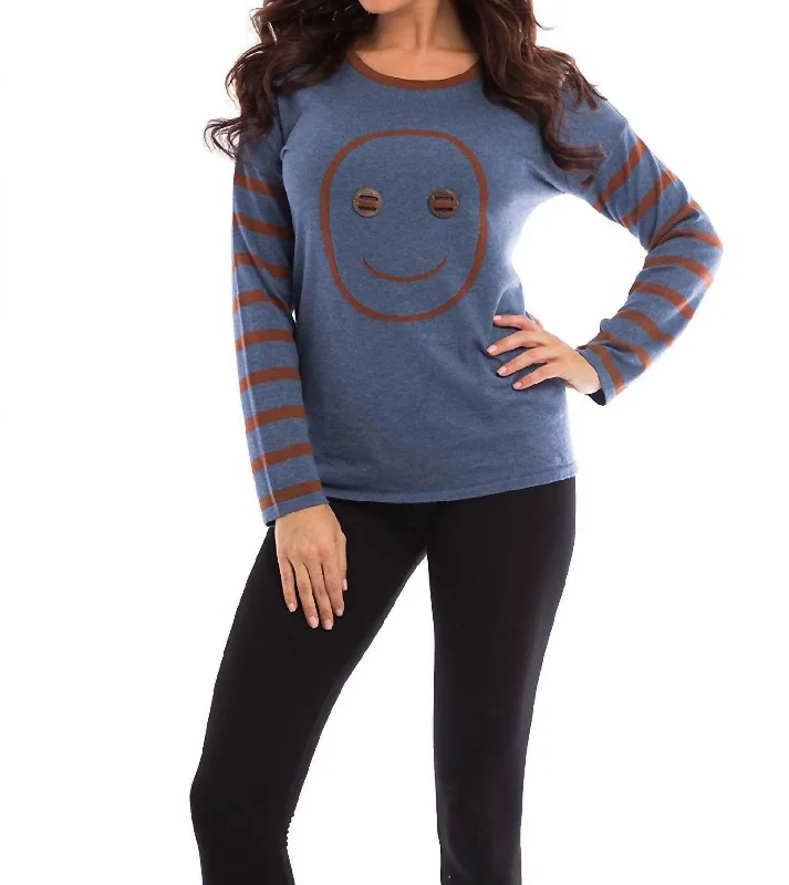 Wood Button Smiley Face Pullover In Denim/mocha Alpaca Blend Soft
