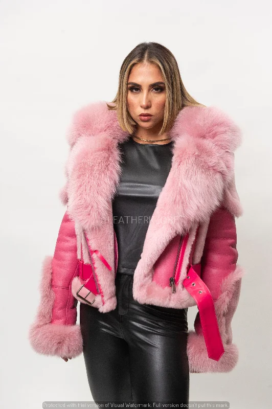Women's Angela Real Sheepskin Biker Jacket With Fox Knit Fabric Woven Fabric Fleece Fabric Women's Angela Real Sheepskin Biker Jacket With Fox Knit Fabric Woven Fabric Fleece Fabric