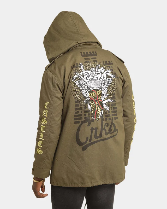 Crooks & Castles Cargo Medusa Military Jacket Military Green Rayon Fabric Velvet Fabric Corduroy Fabric Crooks & Castles Cargo Medusa Military Jacket Military Green Rayon Fabric Velvet Fabric Corduroy Fabric