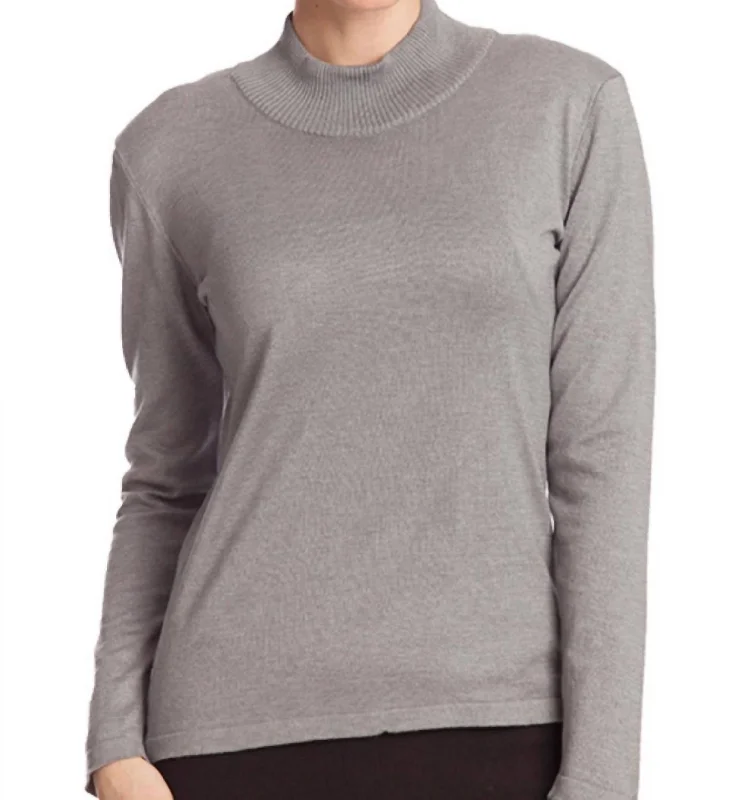 Long Sleeve Mock Neck Pullover In Gray Crew Neck Wool