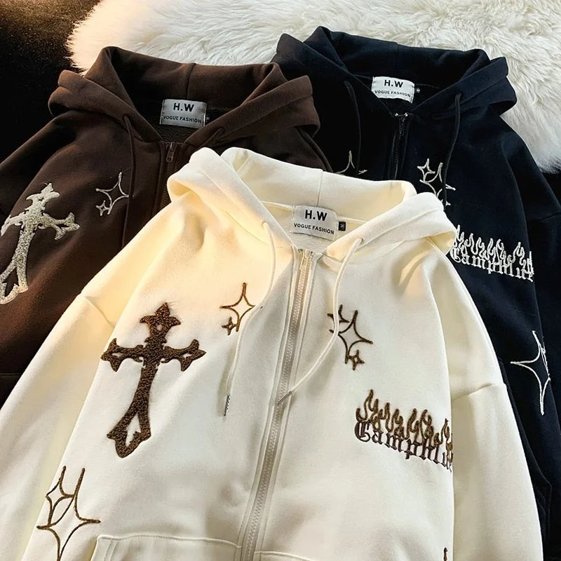 Retro Embroidered Hoodies Women Casual High Street Gothic Long Sleeve Hoodie with Puffed Sleeves Voluminous Trendy