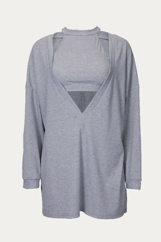 Cropped Tank And Pullover Two-Piece Set In Light Grey Shirred Sleeve Feminine