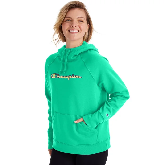 Champion Ladies Powerblend Applique Hoodie-Script Hoodie with Frayed Bohemian Relaxed
